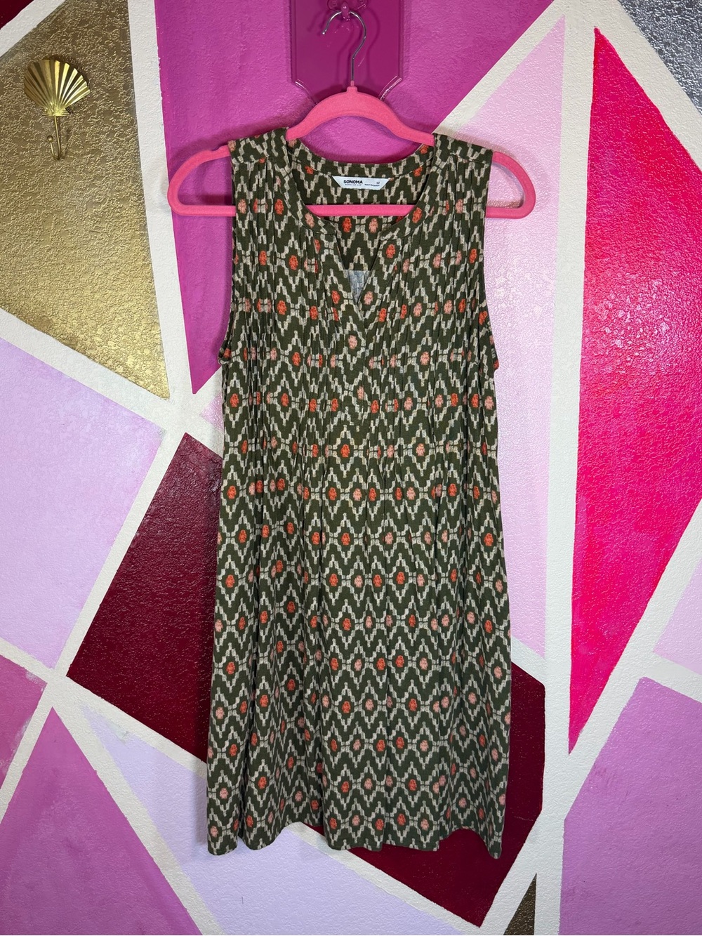 Sonoma Olive Green Ikat Print Pintuck Sleeveless Swing Dress Medium